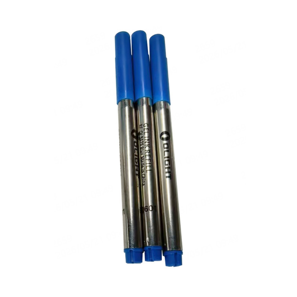 Three Olight blue gel ink refills on white background