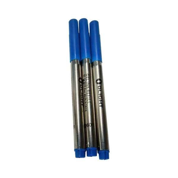 Three Olight blue gel ink refills on white background