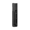 Black ArkTac flat tactical flashlight back view showcasing integrated pocket clip on white background