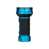 Bright blue tactical flashlight, black grip, durable outdoor gear