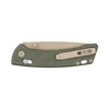 Olive green and tan closed folding knife with textured handle and pocket clip.