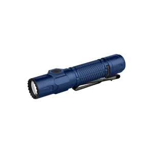 Olight Blue Warrior Ultra Tactical Flashlight Angled View with Knurled Grip and Pocket Clip for Outdoor and Everyday Carry