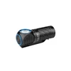 Olight Black Perun 3 Mini Headlamp and Flashlight with Blue Accents, featuring a textured body and pocket clip for versatile hands-free use.
