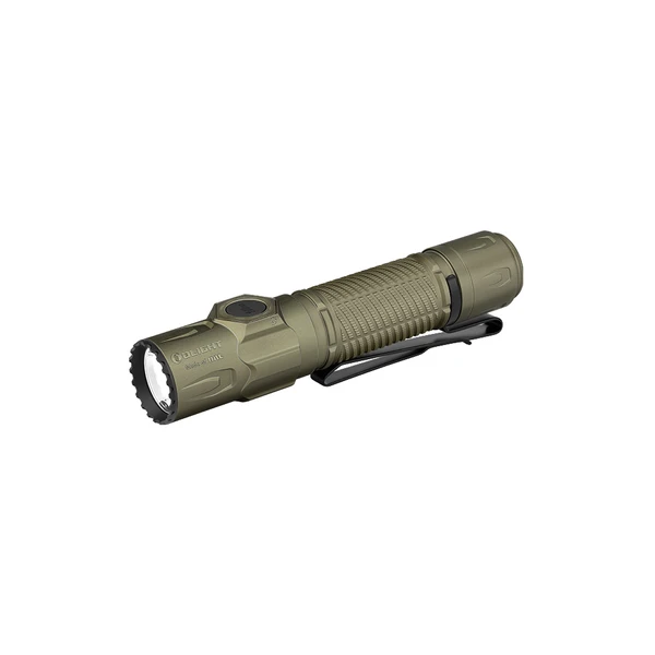 Olight OD Green Warrior Ultra Tactical Flashlight Isometric View with Knurled Grip and Pocket Clip for Outdoor EDC Use