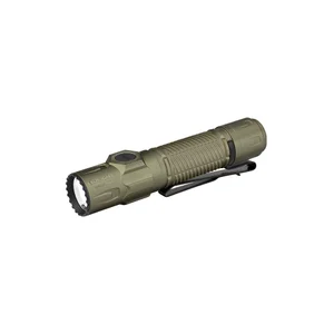 Olight OD Green Warrior Ultra Tactical Flashlight Isometric View with Knurled Grip and Pocket Clip for Outdoor EDC Use