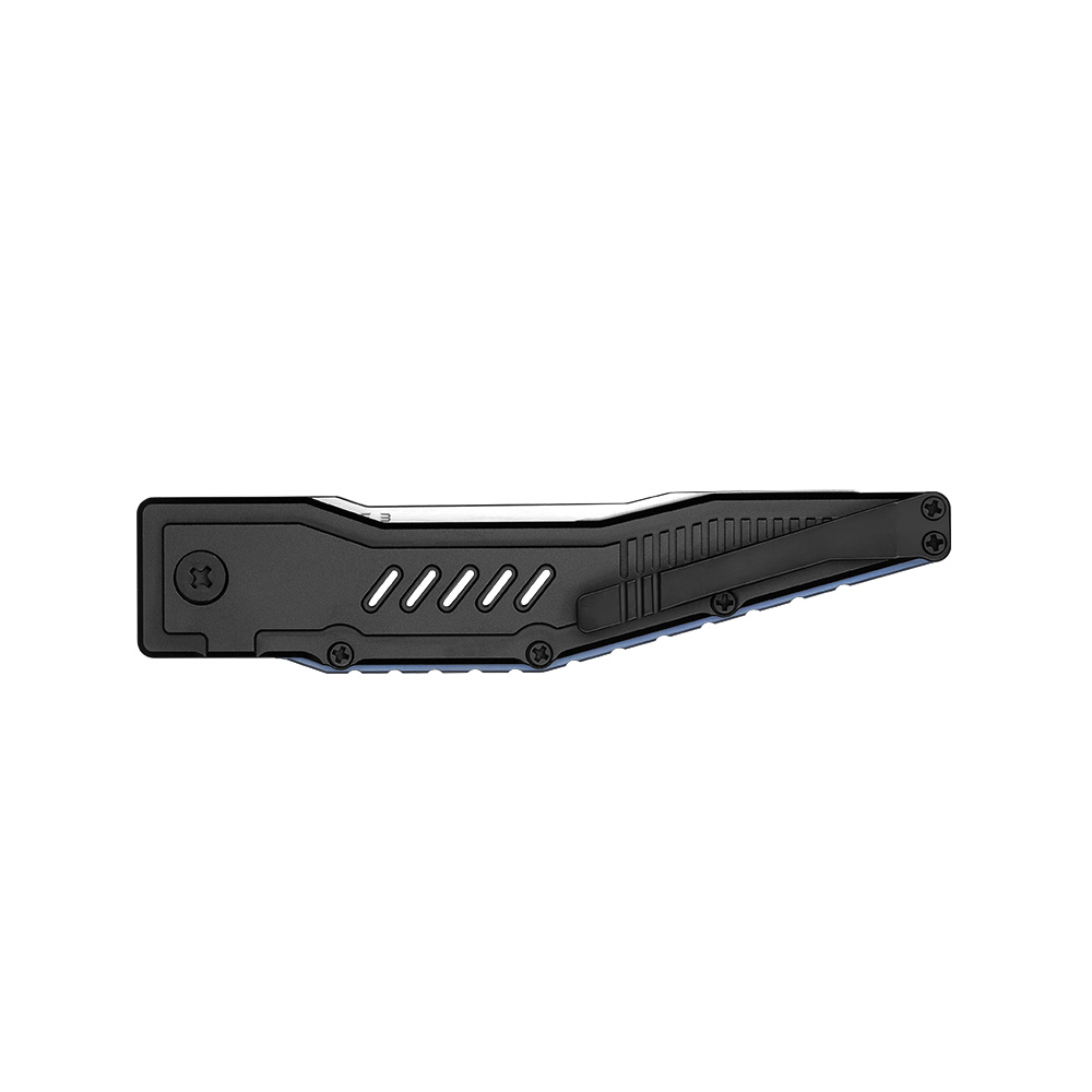 Closed black pocket knife with textured grip and pocket clip isolated on white background
