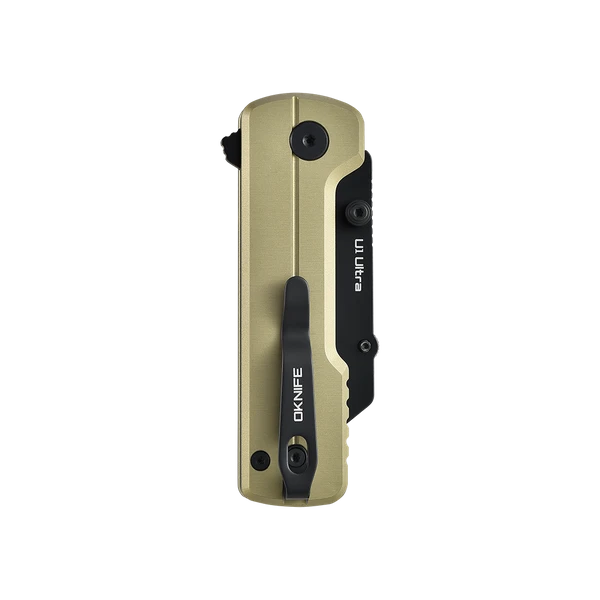 Oknife U1 Ultra folding pocket knife with gold handle and black pocket clip isolated on black background