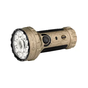 Olight Marauder Mini powerful flashlight in desert tan topographic pattern featuring a multi-LED lens and rotary knob.