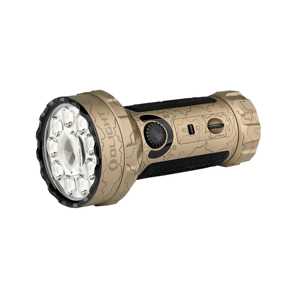 Olight Marauder Mini powerful flashlight in desert tan topographic pattern featuring a multi-LED lens and rotary knob.