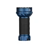 Blue tactical flashlight with textured black grip and USB charging port