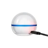 White sphere humidifier with a blue band, connected to a USB cable, displaying a red light inside.