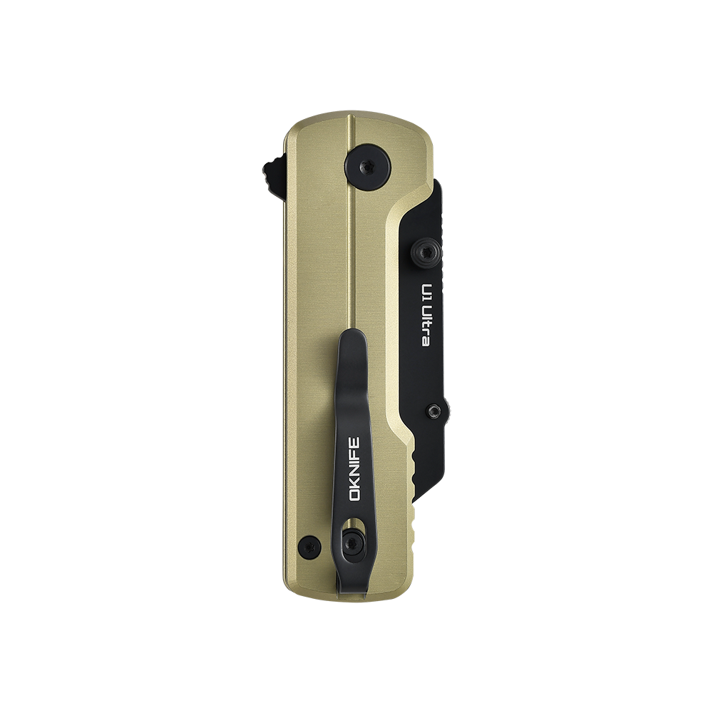 Oknife U1 Ultra folding pocket utility knife with a champagne gold aluminum handle and black pocket clip on a black background
