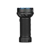 Black and blue heavy-duty flashlight with textured grip, hot surface warning, and USB-C port at base.