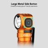 Olight Perun Mini orange headlamp with large metal side button for simple, glove-friendly operation.