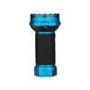 Blue and black high-powered LED flashlight with a textured grip, hot surface warning, and a USB charging port.