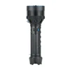 Black high-power LED tactical flashlight with textured grip, blue accents, and cooling fins.