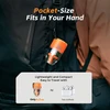 Compact orange pocket air pump clipped to a black backpack showing its lightweight size compared to AirPods case