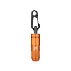 Orange aluminum cylindrical flashlight with black carabiner clip, white background.