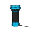 Blue rechargeable flashlight with black grip, USB cable attached.