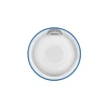 White circular speaker with blue trim, overhead view, portable audio device