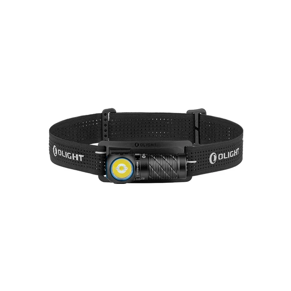 Olight Black Perun 3 Mini Cool White Headlamp Front View on Headband for Outdoor Camping and Hands-Free Lighting