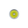 Bright LED flashlight head with a large yellow lens and central white chip, isolated on white.