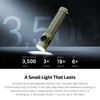 Olight Baton 4 Pro, Baton Ultra olive green flashlight side view, displaying 3500mAh capacity and long runtimes for camping.