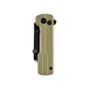 Closed sand-colored tactical folding pocket knife with black hardware against a black background