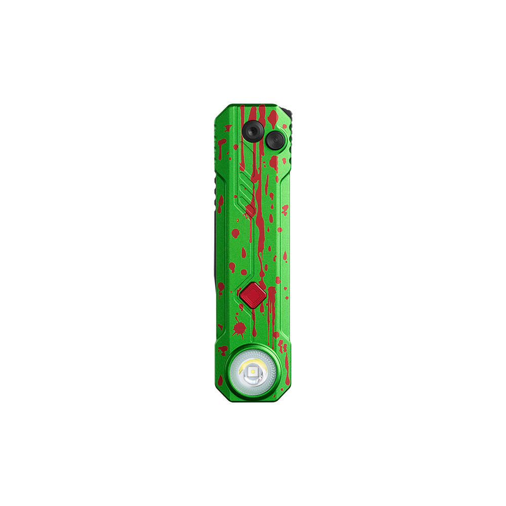 Green EDC flat flashlight with red blood splatter pattern on black background