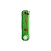 Green EDC flat flashlight with red blood splatter pattern on black background