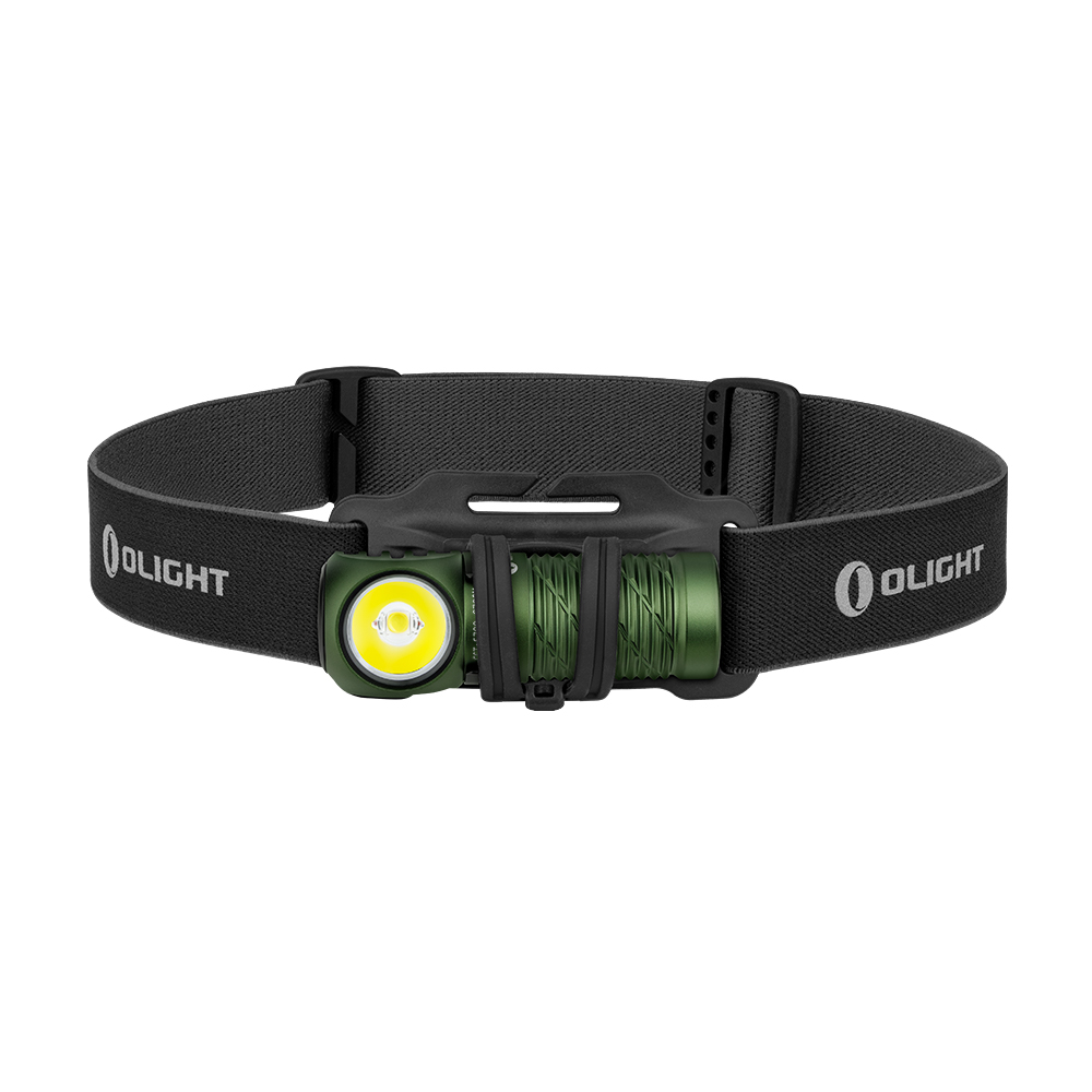 Olight Perun Mini Kit, green headlamp with black adjustable strap and bright LED light