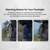 Olight Warrior Ultra Flashlight Canvas Holster in Olive Green Blue and Gray Attached to Belt for Tactical Outdoor Access