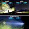 Comparison of flashlight floodlight, spotlight, and combined modes showing lumens and beam distances in outdoor night scenes