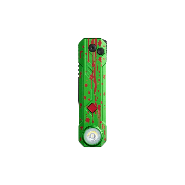 Green EDC pocket flashlight with red splatter paint design and LED bulb isolated on black background