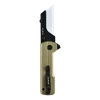 Oknife U1 Ultra folding utility knife with gold handle, black clip, and white ceramic blade on black background
