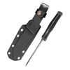 Tactical fixed blade knife with a black textured handle next to its Kydex sheath with leather belt loop