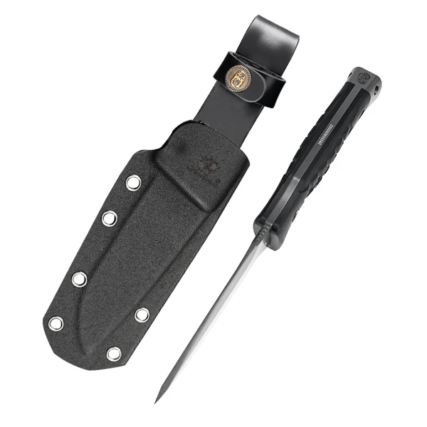 Tactical fixed blade knife with textured black handle next to its Kydex sheath featuring a leather belt loop