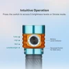 Orange and blue flashlight with button and battery indicator, showing brightness levels.