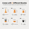 Six air pump nozzles with dimensions for water toys, air mattresses, pillows, storage bags, and tripod connector.