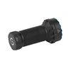 Black tactical flashlight, textured grip, blue accents, white background