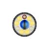 Head of a multi-LED flashlight with central blue lens, surrounded by yellow and white LEDs and a red warning light