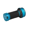 Blue handheld tactical flashlight, textured grip, side switch, durable aluminum alloy body, white background.