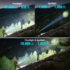 Comparison of flashlight beam patterns showing floodlight, spotlight, and combined modes with lumen and distance specs.