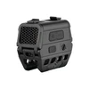 Compact black tactical red dot sight with honeycomb killflash filter and rail mount on white background
