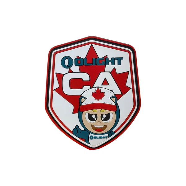Olight Canada shield patch featuring red maple leaf and cute mascot wearing a Canadian flag hat.