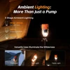 Orange camping lantern on a tripod showing 3-stage ambient lighting modes, flashlight, tent light, and table light.