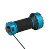 Blue flashlight with black textured grip, charging cable attached, isolated on white background