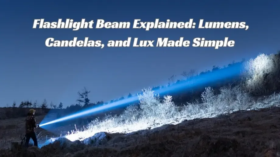 Person holding powerful flashlight with blue beam cutting through dark night landscape. Lumens, Candelas, Lux explained.