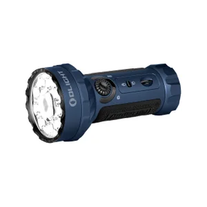 Olight Marauder Mini powerful blue flashlight with multiple LED lenses on a white background