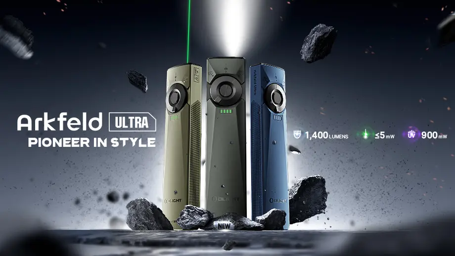 Olight Arkfeld Ultra flashlights in tan, grey, blue, featuring 1400 lumens, green laser, and UV light.